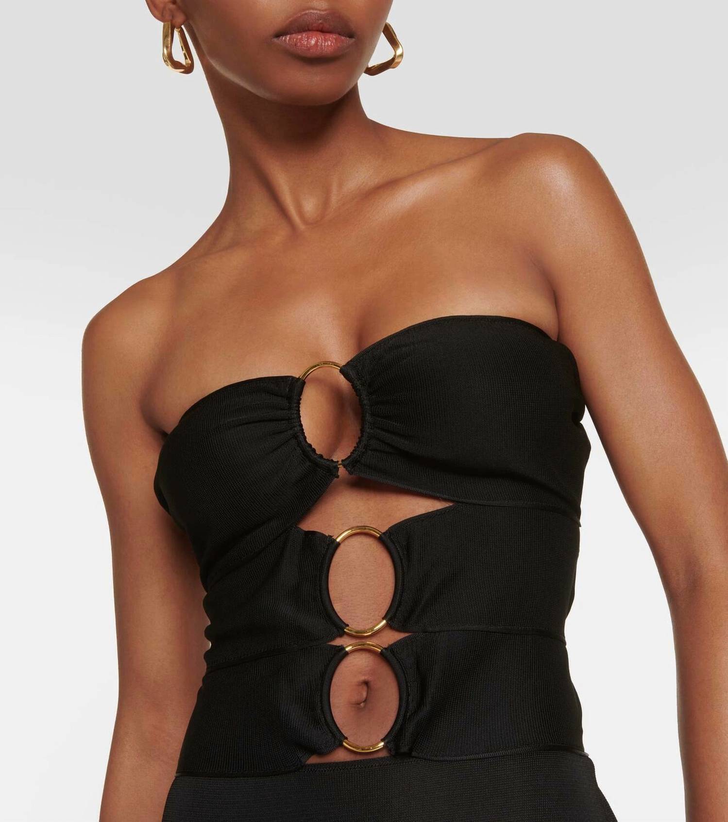 Tom Ford - strapless ling dress with 3 gold circles and tie back
