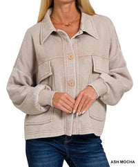 Zenana - Acid Wash Fleece Cropped Shacket With Front Pockets