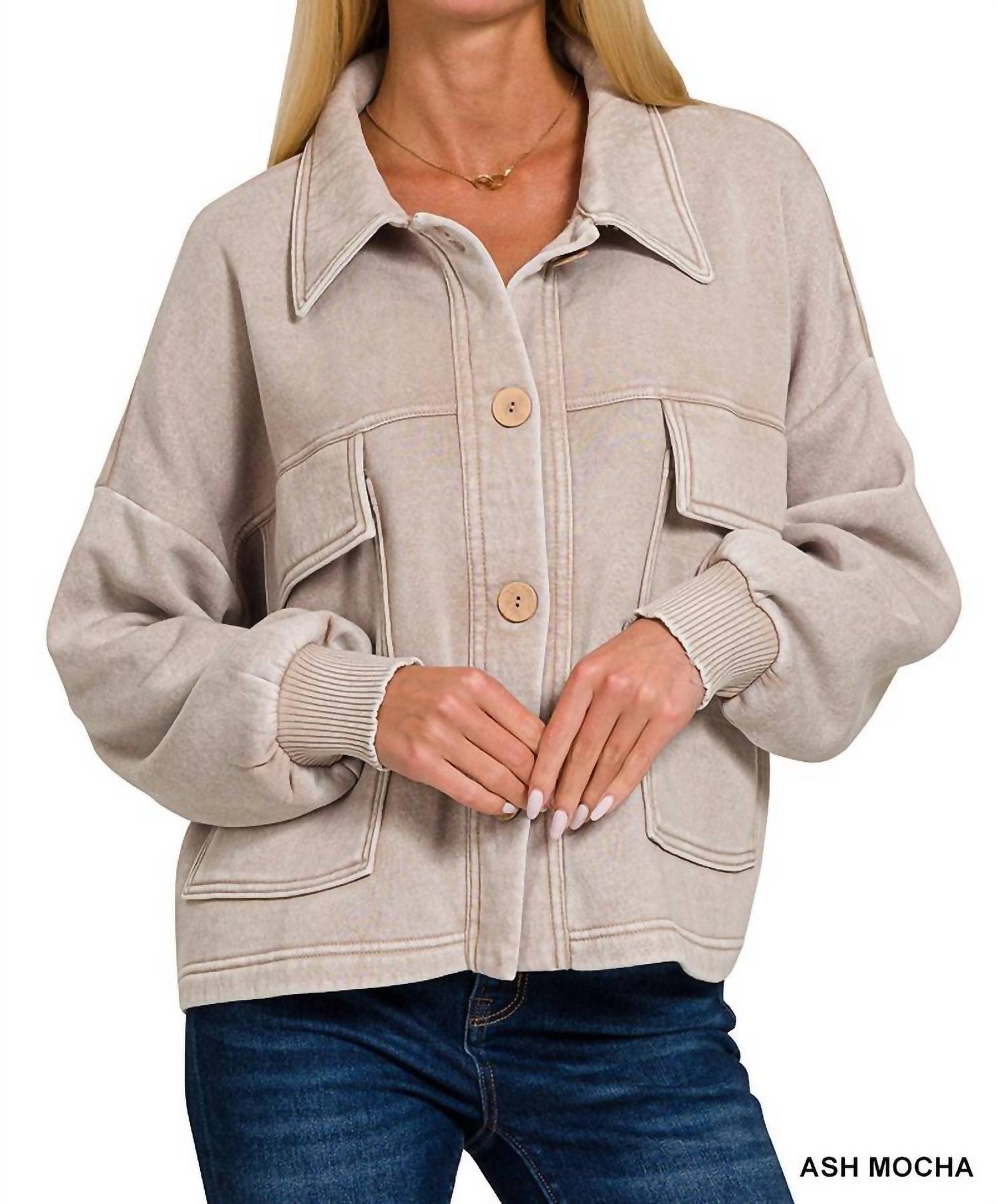 Zenana - Acid Wash Fleece Cropped Shacket With Front Pockets