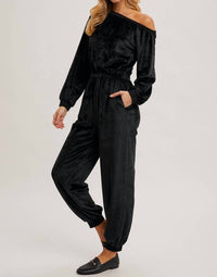 Bluivy - Velvet One Shoulder Boat Neck Jumpsuit