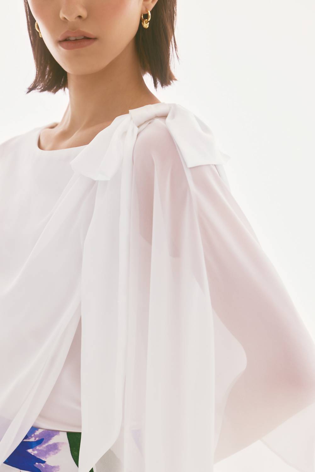 Joseph Ribkoff Chiffon Silky Knit Poncho Top With Bow in white - women's sweater - alternate view