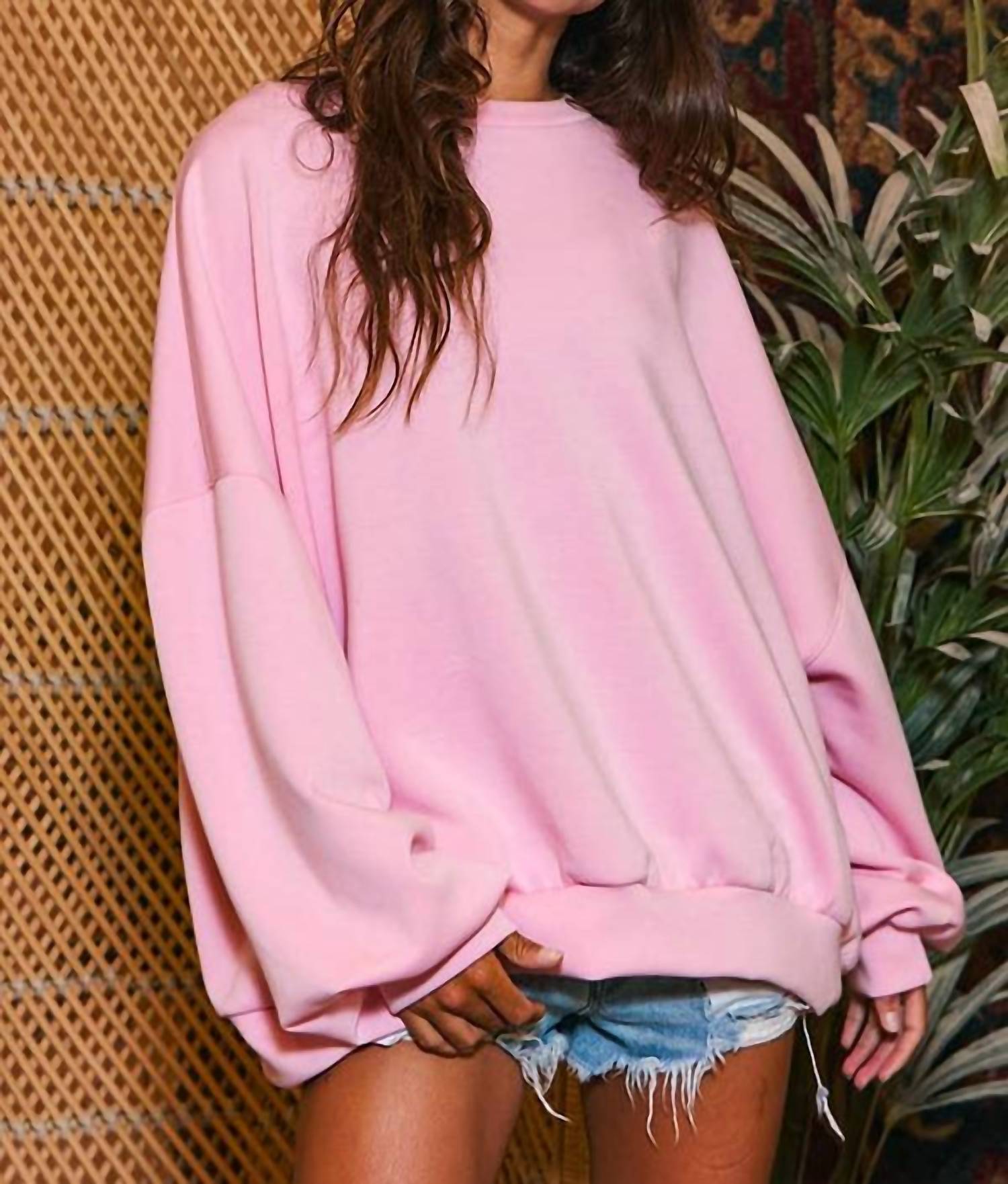BUCKETLIST Oversized Soft Scuba Sweatshirt in bubble gum pink - women's sweater - alternate view