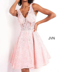 JOVANI A Line Short Beaded Lace Cocktail Dress in pink - women's dress