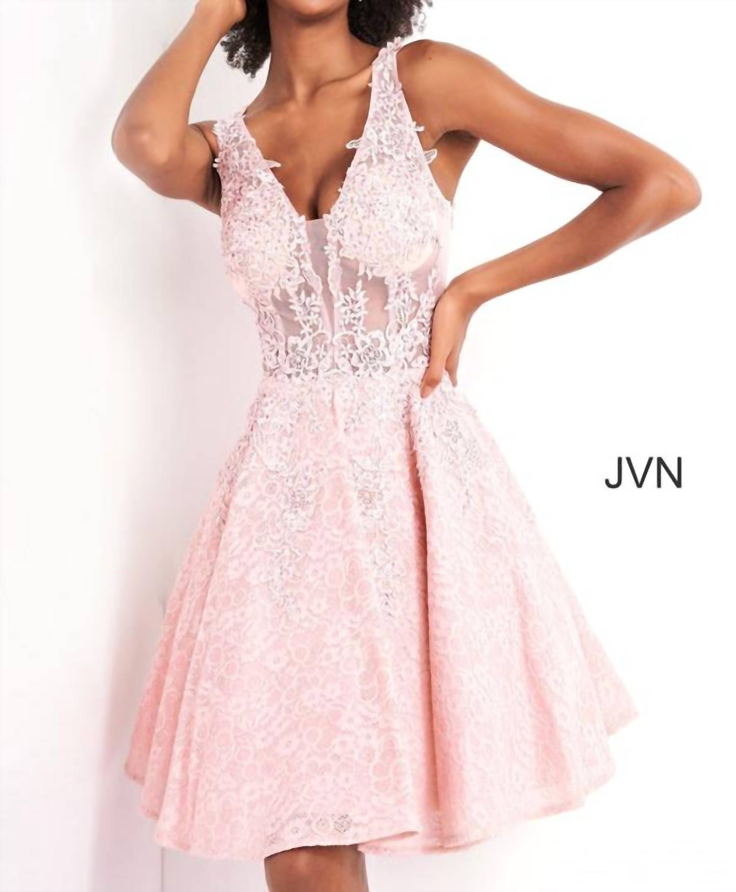 JOVANI A Line Short Beaded Lace Cocktail Dress in pink - women's dress