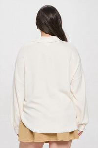 Perch by Blu Pepper Collared Raw Edge Knit Top - Plus in cream - women's long sleeve top - detail view