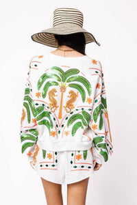 Queen Of Sparkles - Palm Tree & Jaguar V Neck Sweatshirt
