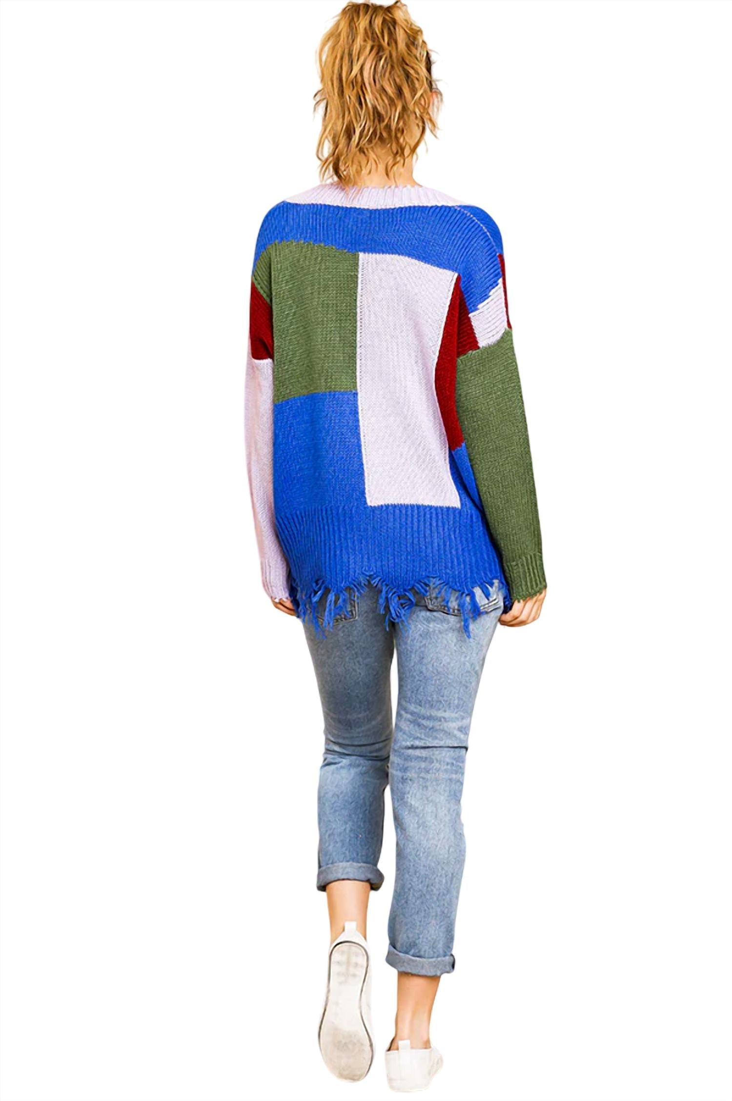 Umgee - Color Block Frayed Hem Sweater