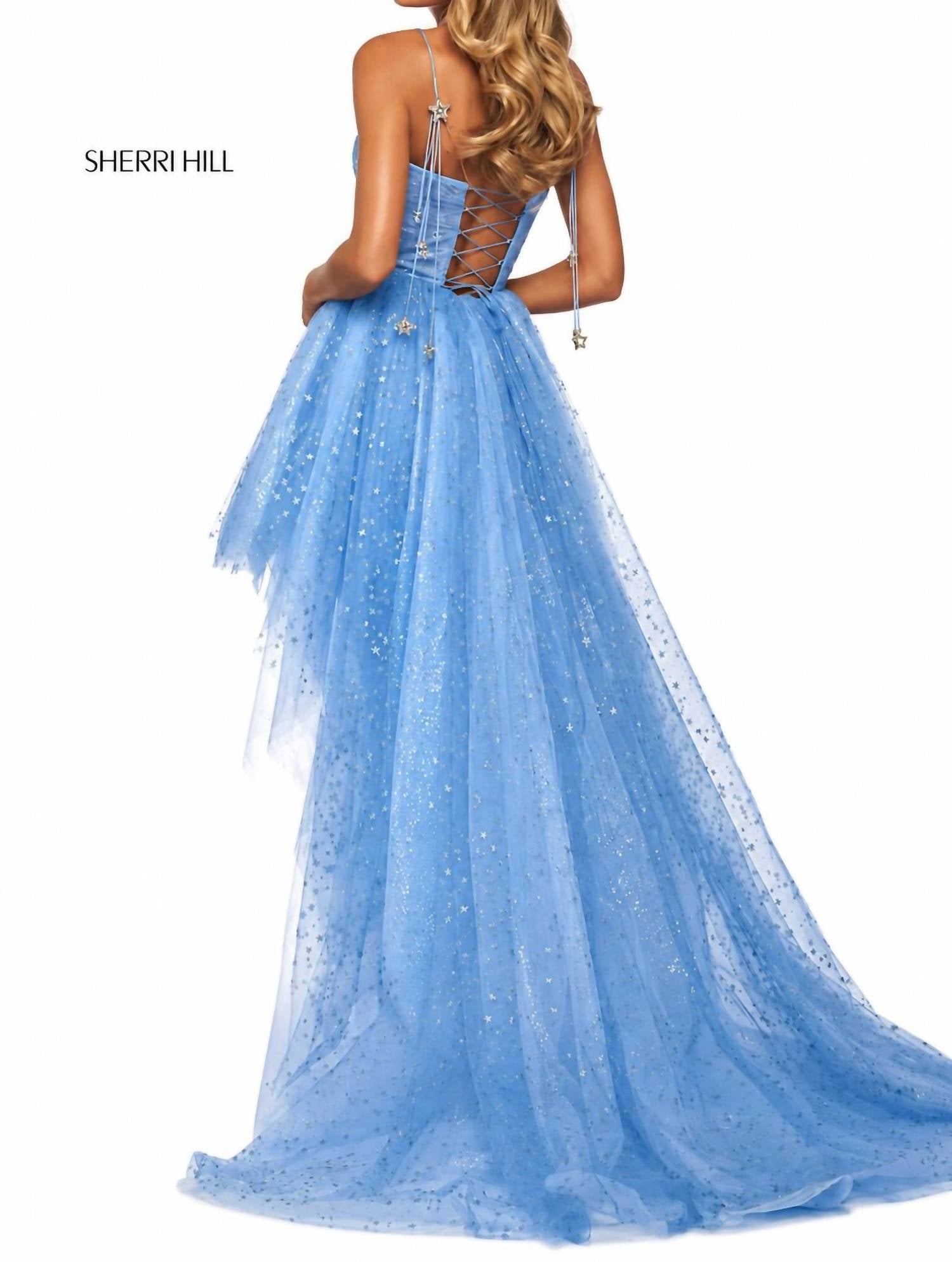 Sherri Hill Star High-low Dress Gown in light blue silver glitter - women's dress - detail view