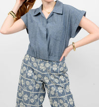 Ivy Jane Wrap Waist Short Sleeve Top in indigo - women's blouse - detail view