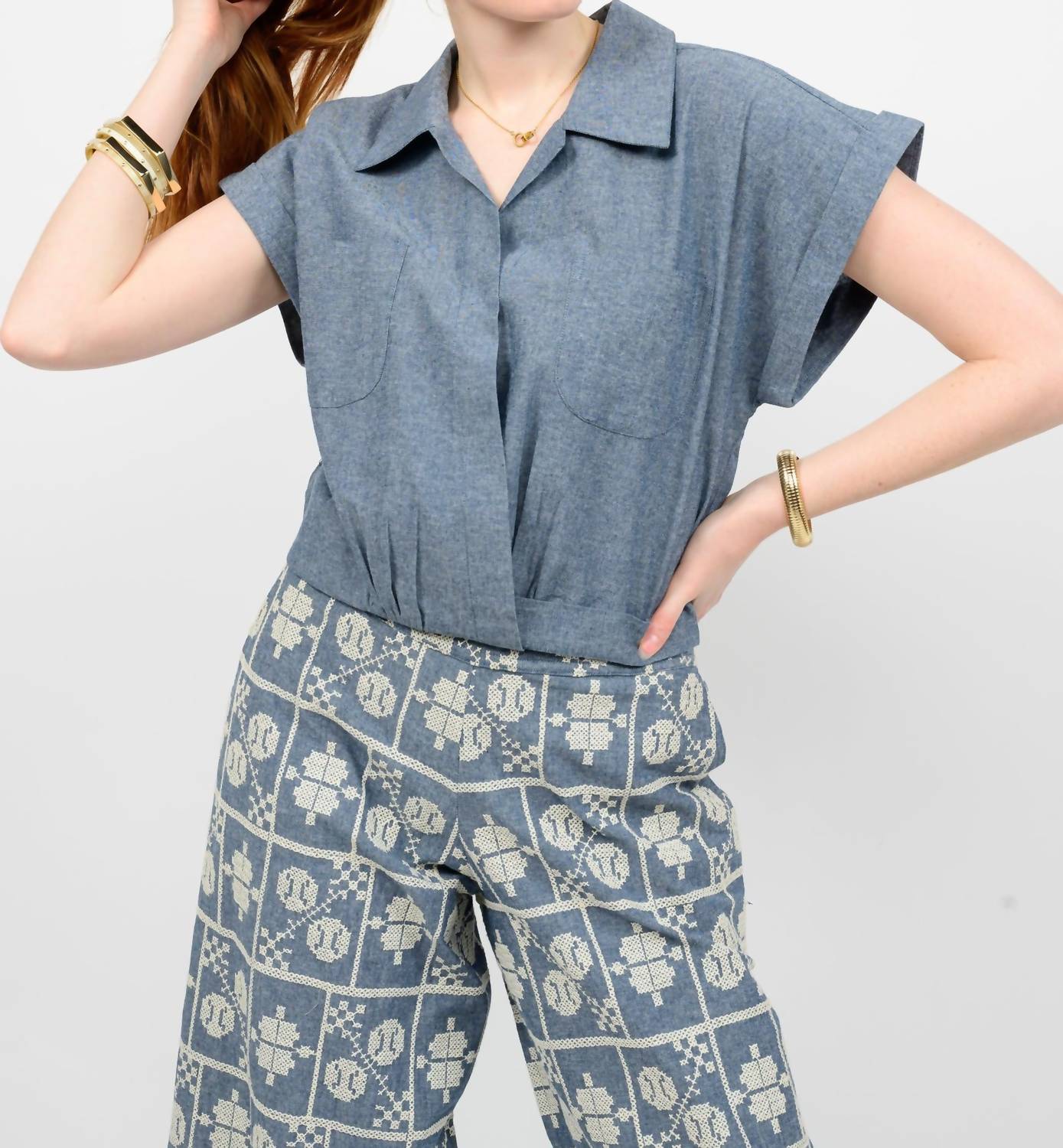 Ivy Jane Wrap Waist Short Sleeve Top in indigo - women's blouse - detail view