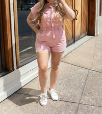 In February Washed Button Down Romper in denim pink - women's pants
