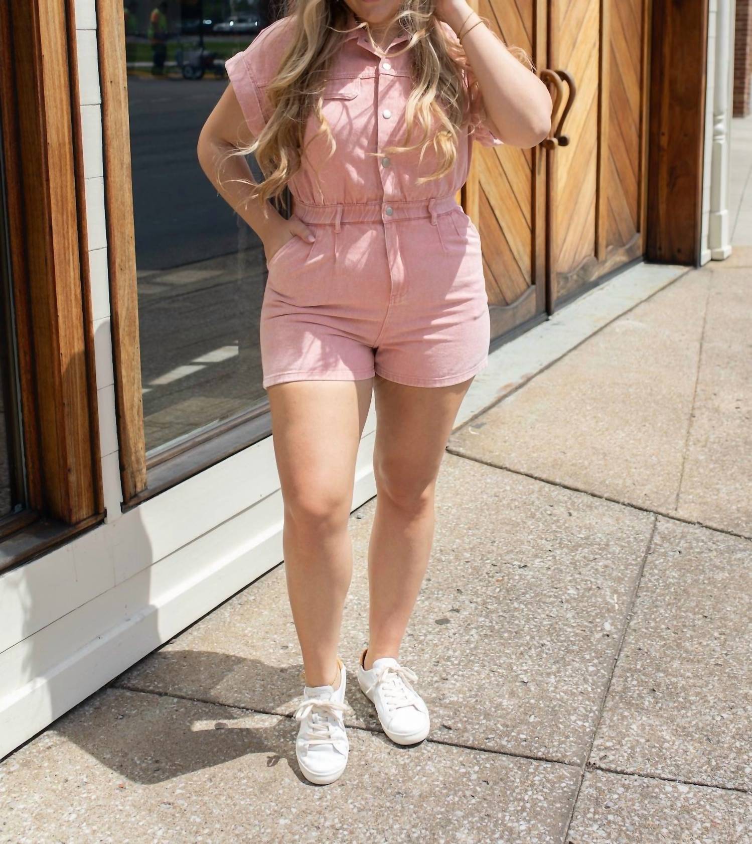 In February Washed Button Down Romper in denim pink - women's pants