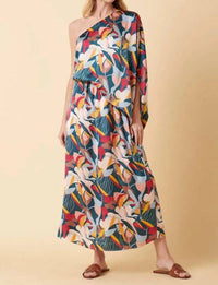Mittoshop - Abstract Flower Print One Shoulder Maxi Dress