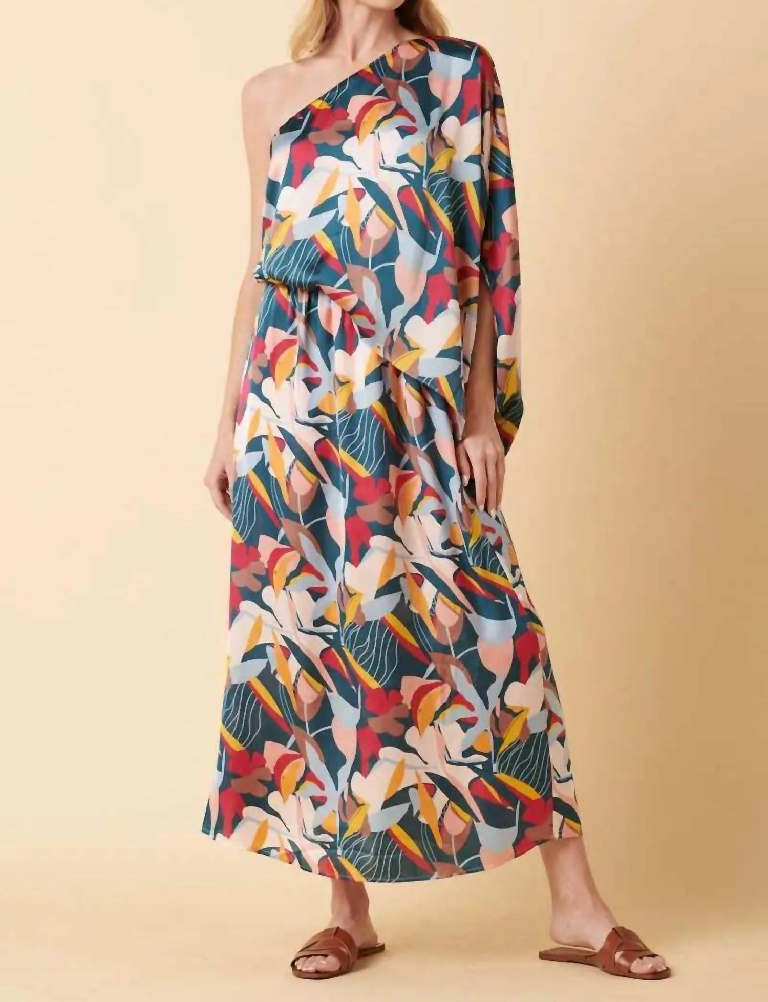 Mittoshop - Abstract Flower Print One Shoulder Maxi Dress