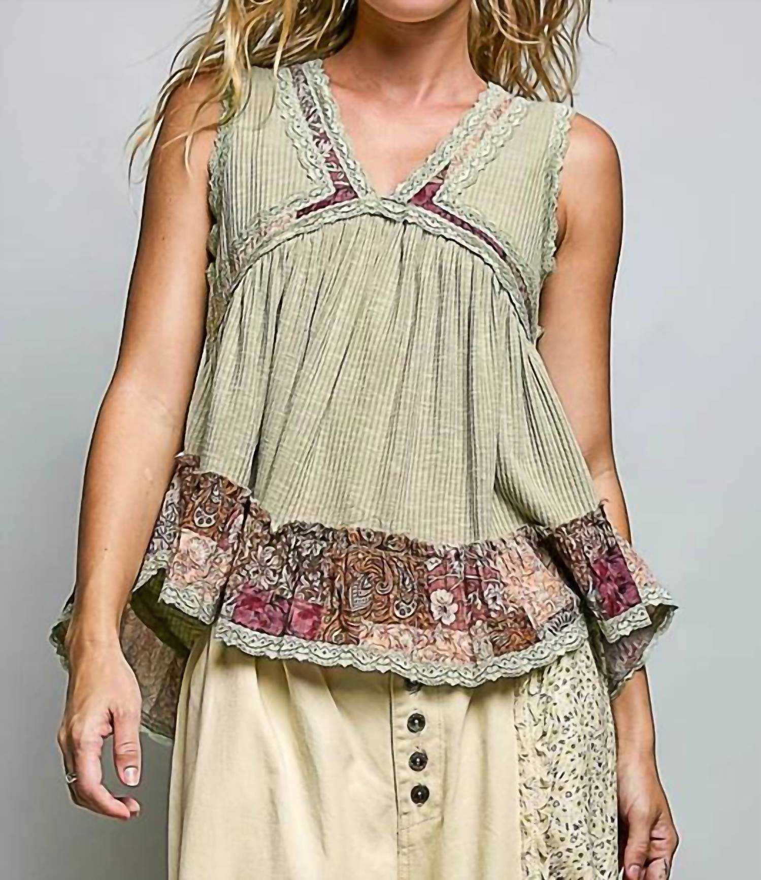 Pol - Rib Cami Floral Trim Top