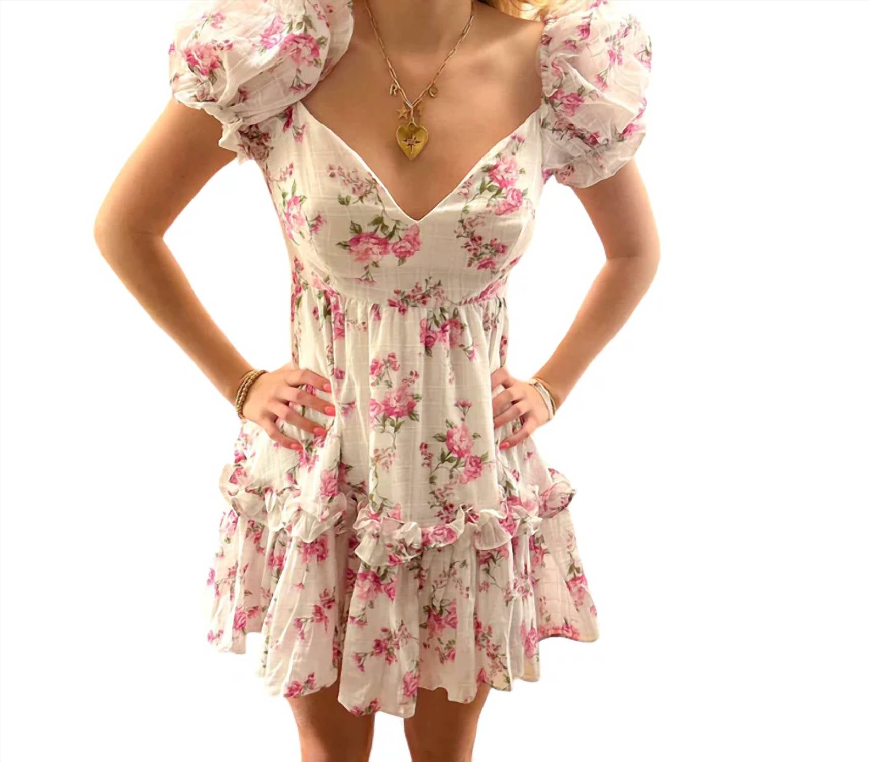 Sky To Moon - Floral Puff Sleeve Open Back Dress