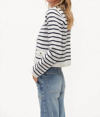 SIX/FIFTY Blaire Striped Button Up Cardigan Top in white navy - women's cardigan - detail view