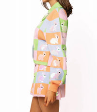 Queen Of Sparkles - Pastel Colorblock Easter Bunny Button Up Collar Cardigan