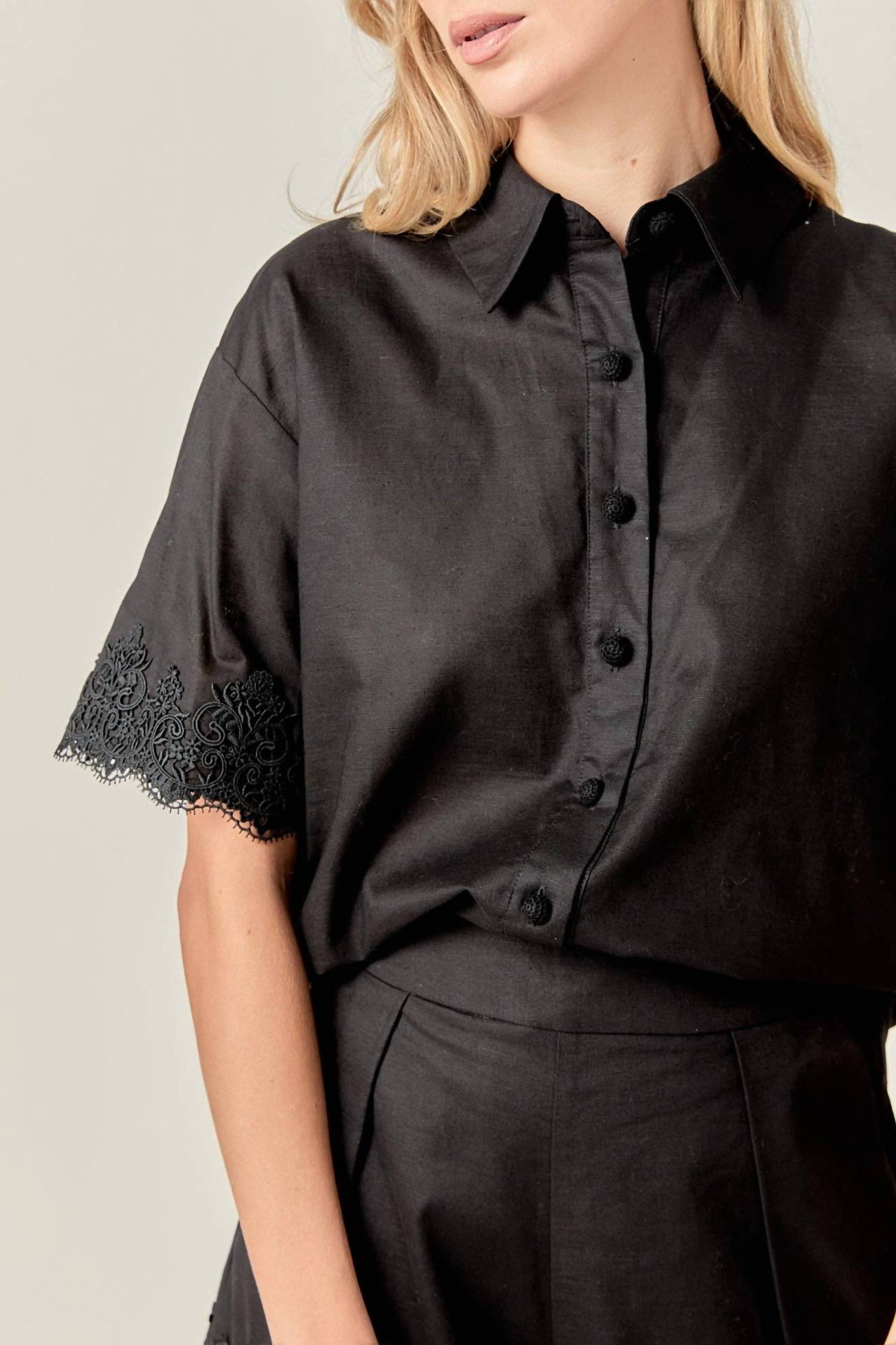 English Factory - Midnight Lace Linen Shirt and Shorts Set