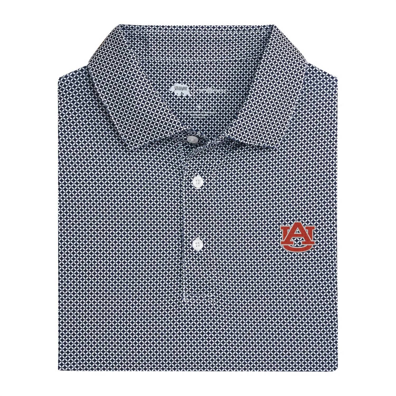 ONWARD RESERVE Men's Auburn Scope Printed Performance Polo in navy blue multi - men's shirt - detail view