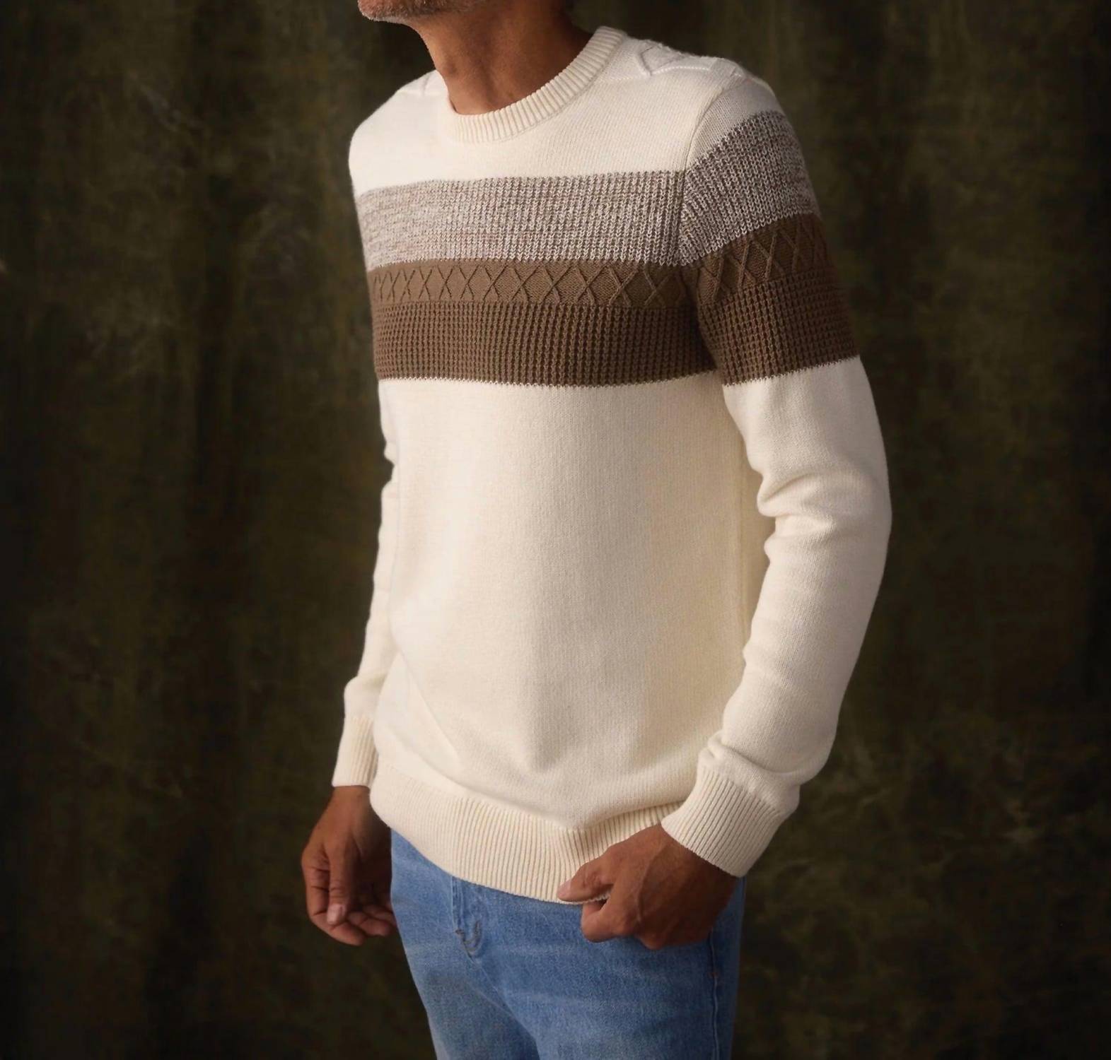 The Normal Brand Tom Stripe Crew Sweater in cream jute - men's sweater - detail view
