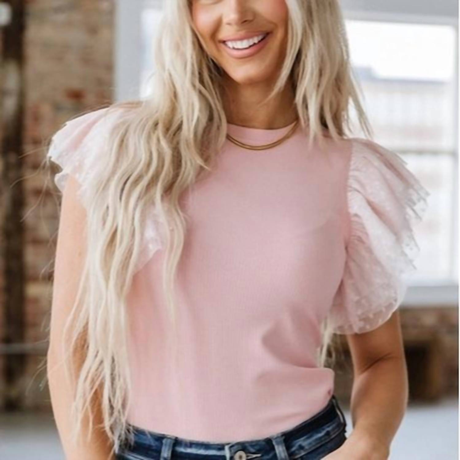 Liam & Company - Sheer Ruffle Sleeve Knit Top