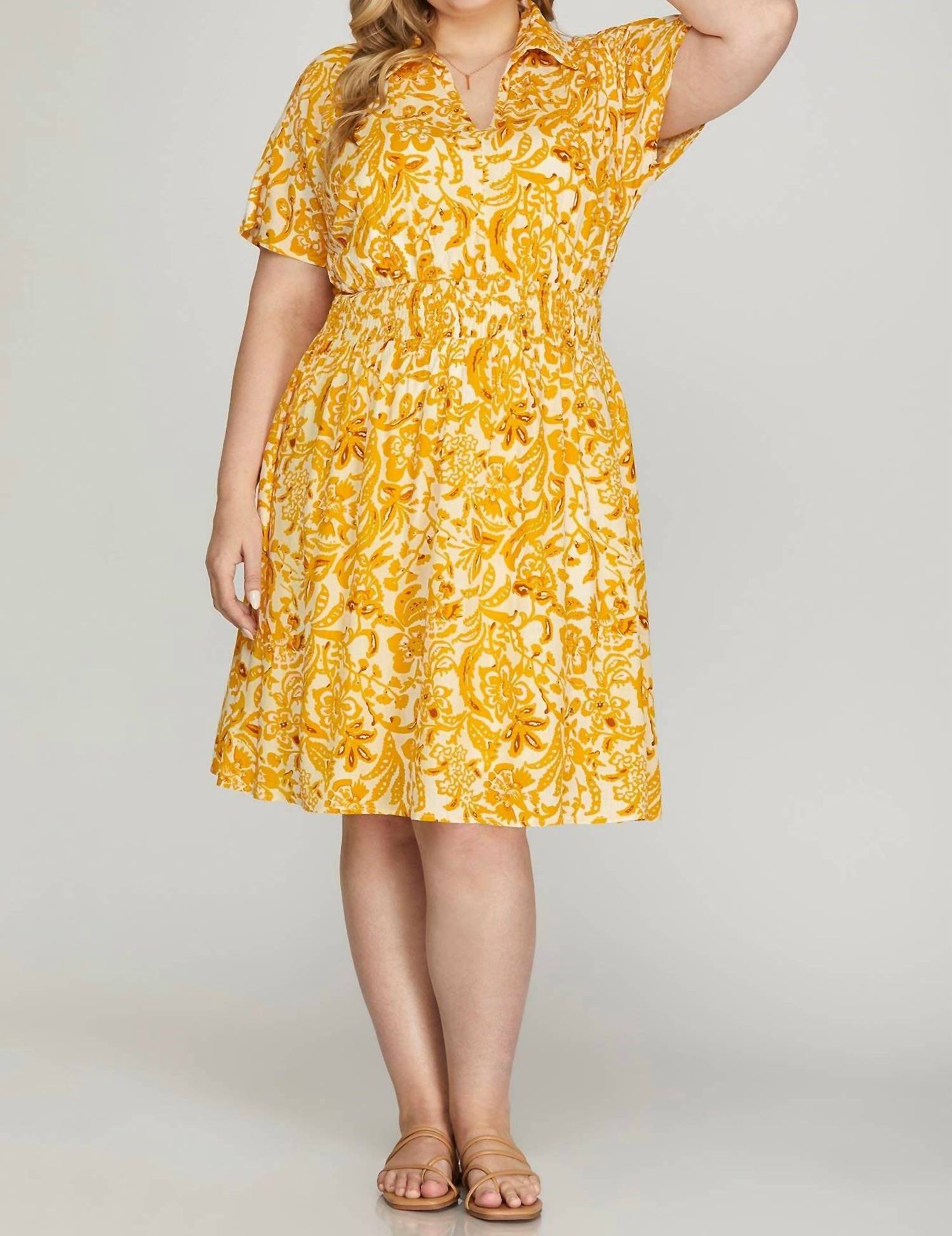 Vanilla Monkey - Short Drop Sleeve Print Collared Dress - Plus