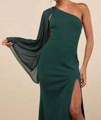 Lulus Majestic Attitude Cape Sleeve One-shoulder Maxi Dress in emerald - women's dress - view 4