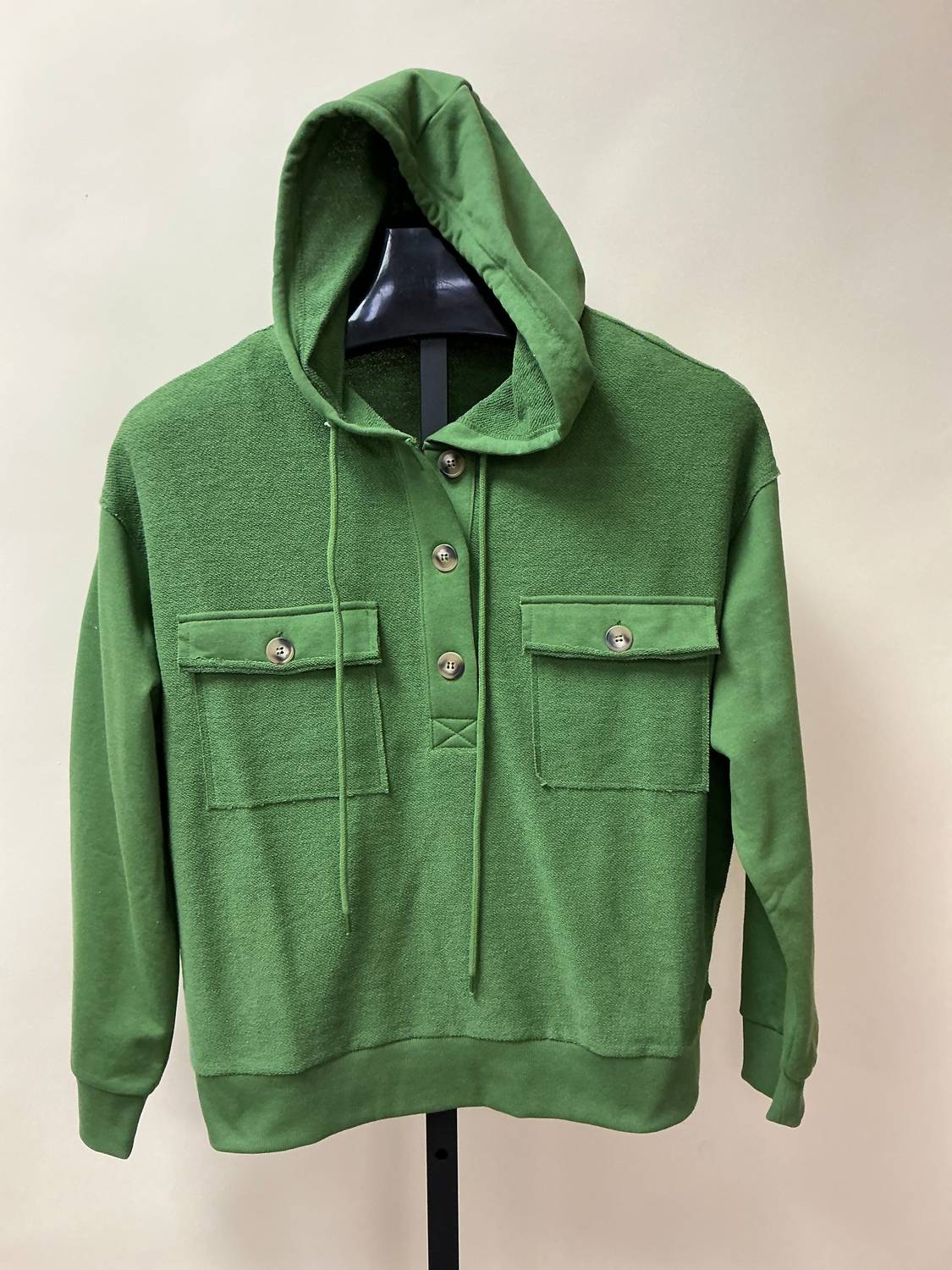 STACCATO Women's Hooded Button Down Terry Top in green - women's top