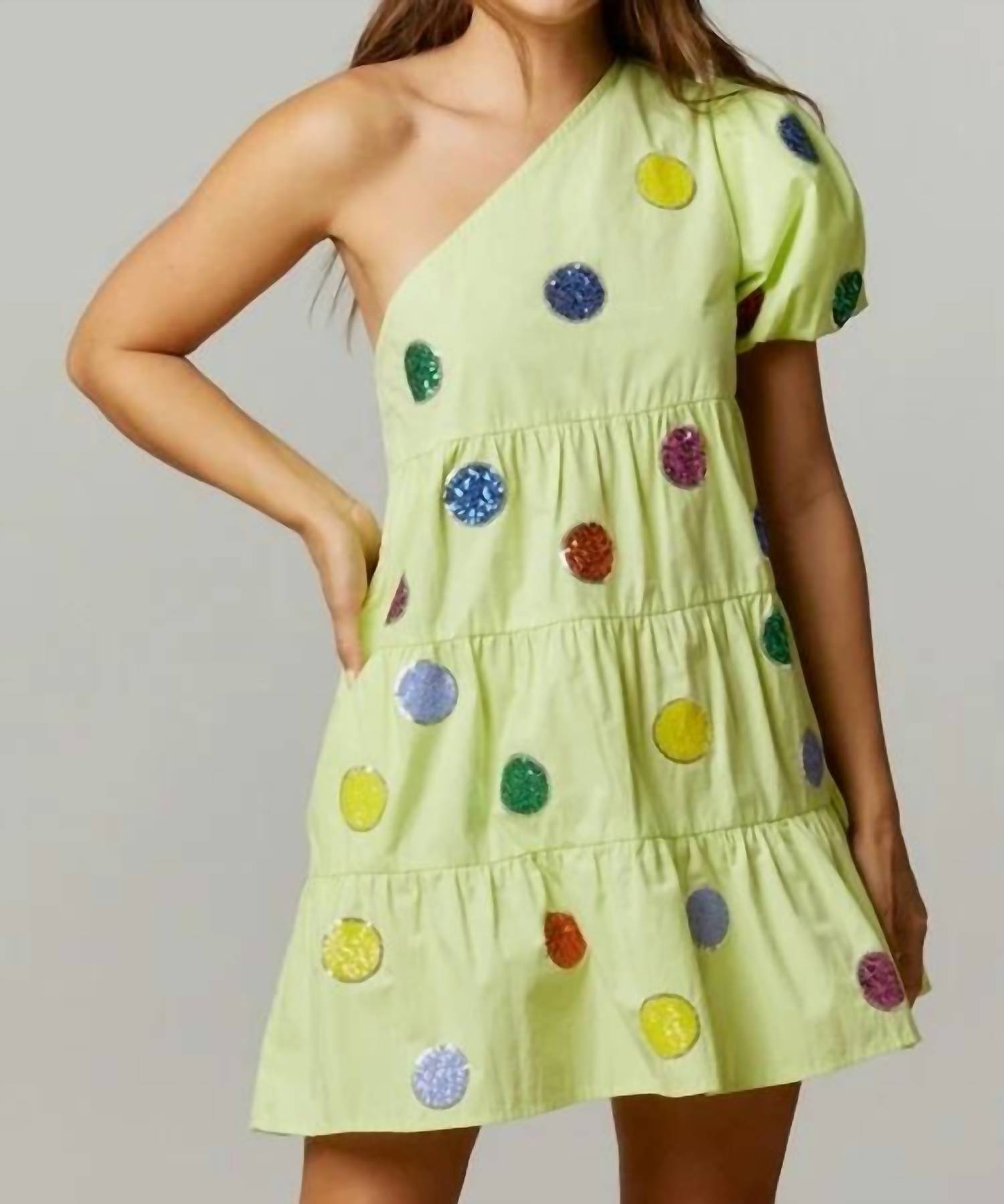 Fantastic Fawn - Sequin Polka Dot Applique One Shoulder Mini Dress