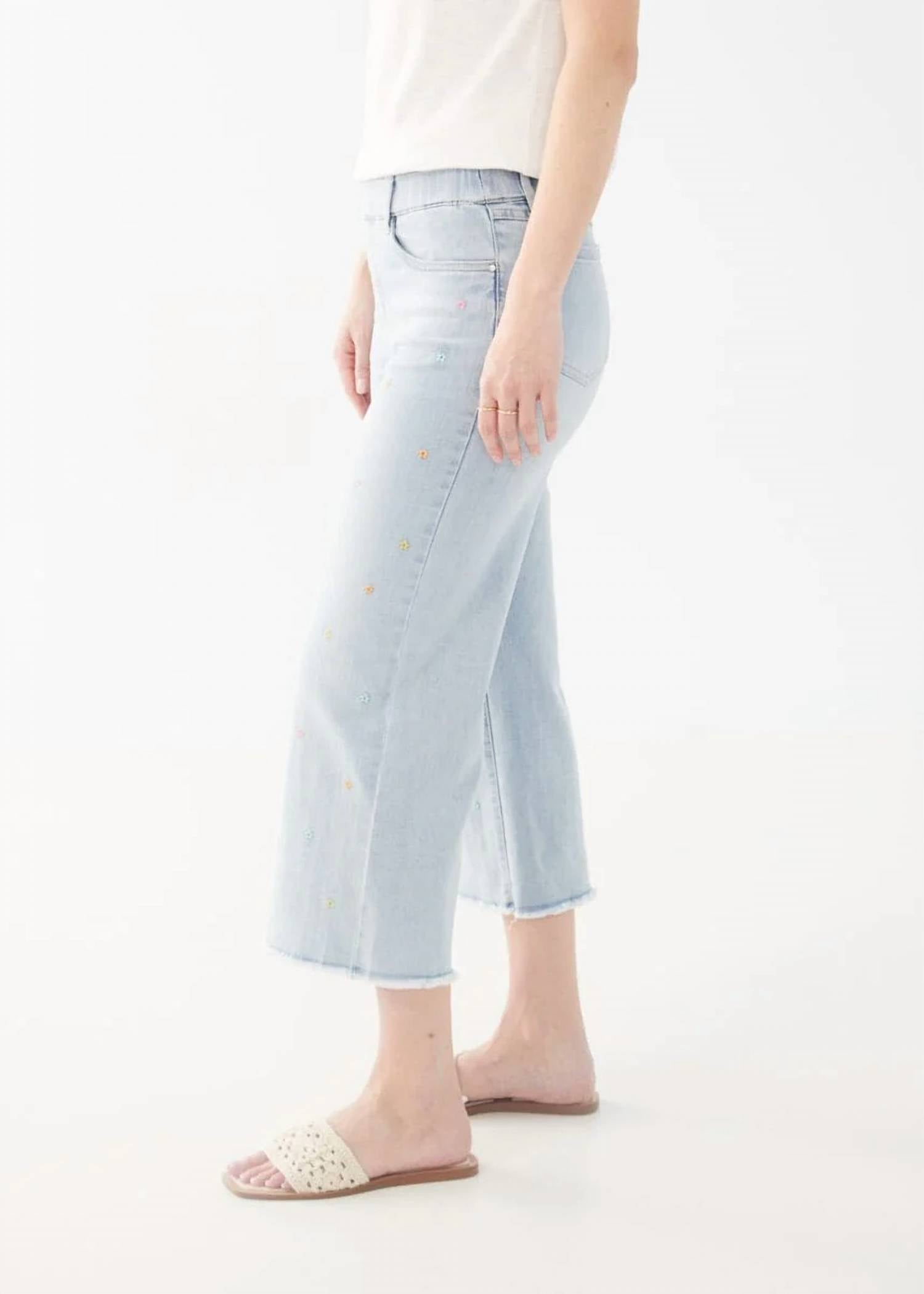 Fdj - Emily Embroidered Flowers Pull-on Wide Leg Crop Jeans