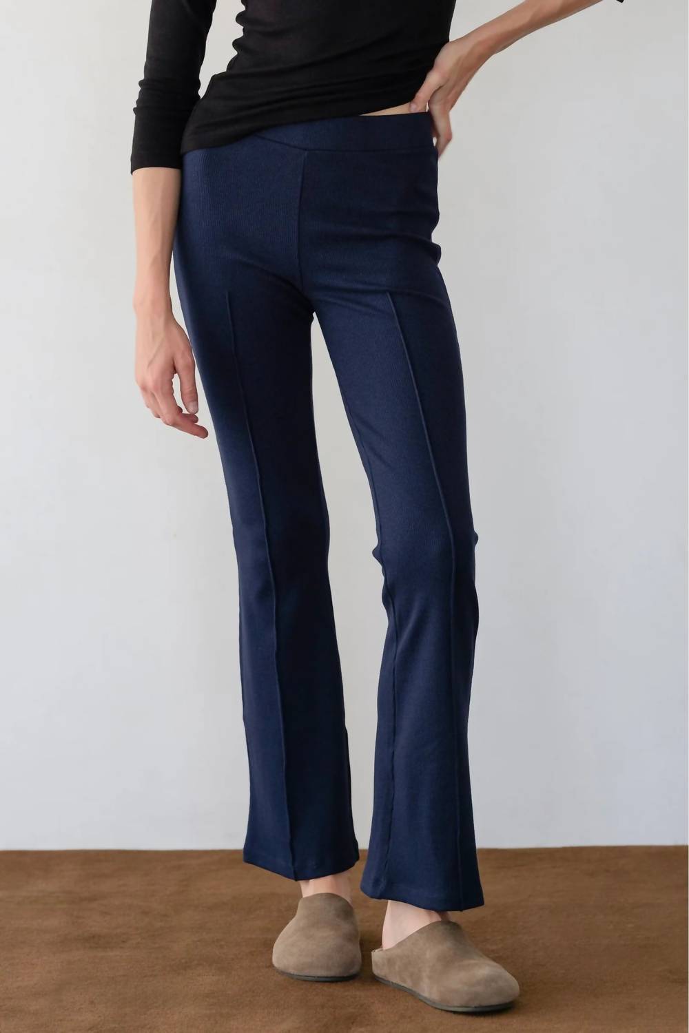 DONNI. Rib Kick Flare Pants in navy 1 - women's pants - detail view