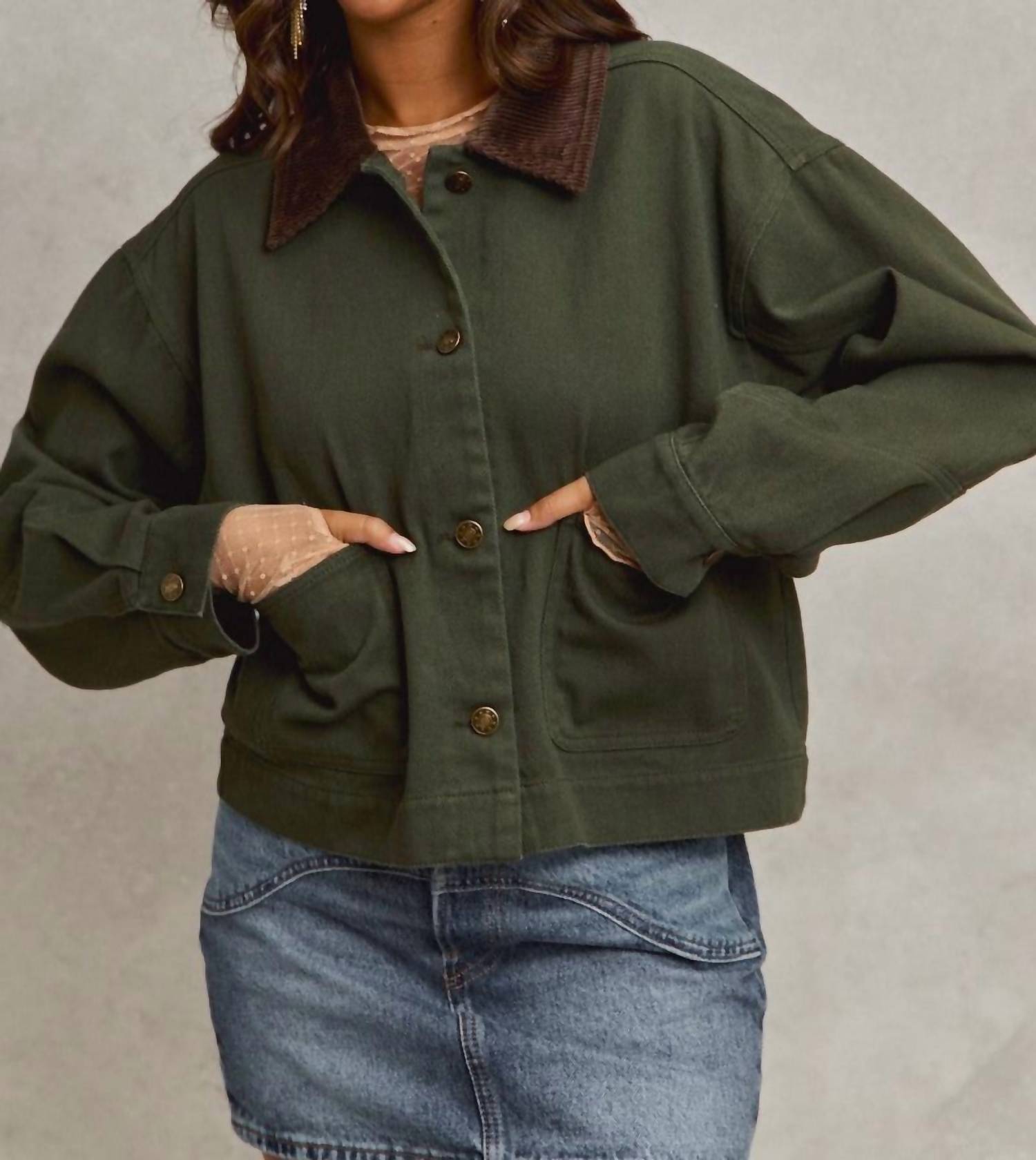 So Me - Cropped Barn Jacket With A Corduroy Collar