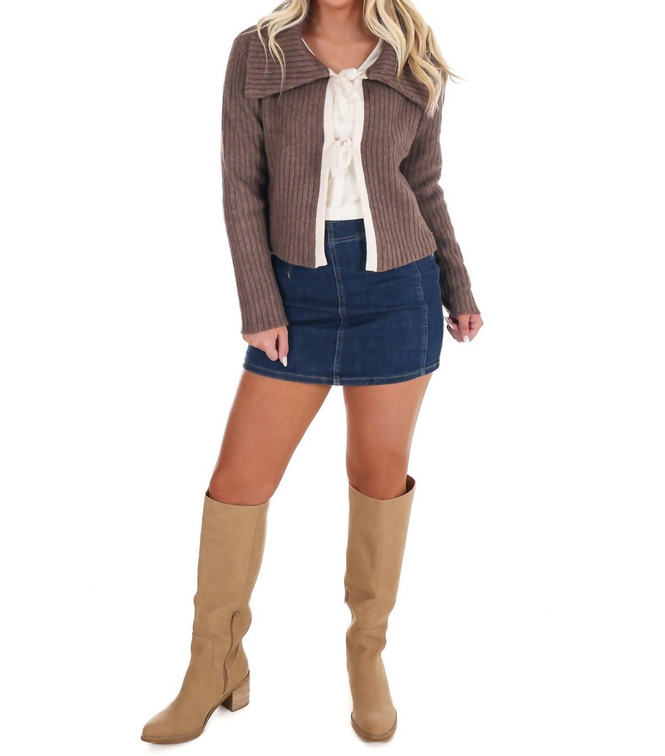 In February - Nostalgic Charm Contrast Bow Ribbed Cardigan