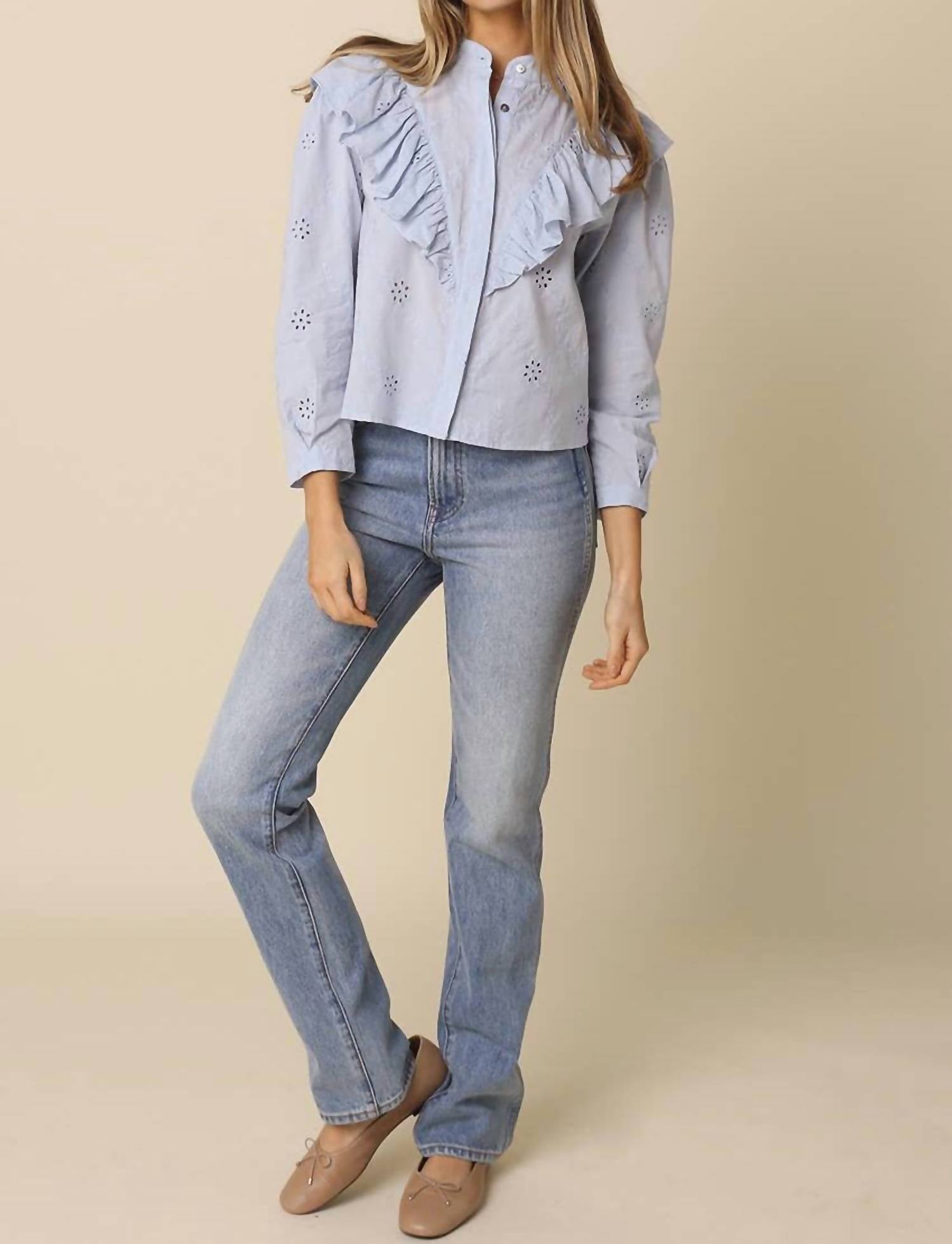 Olivaceous - Lia Eyelet Ruffle Detail Blouse