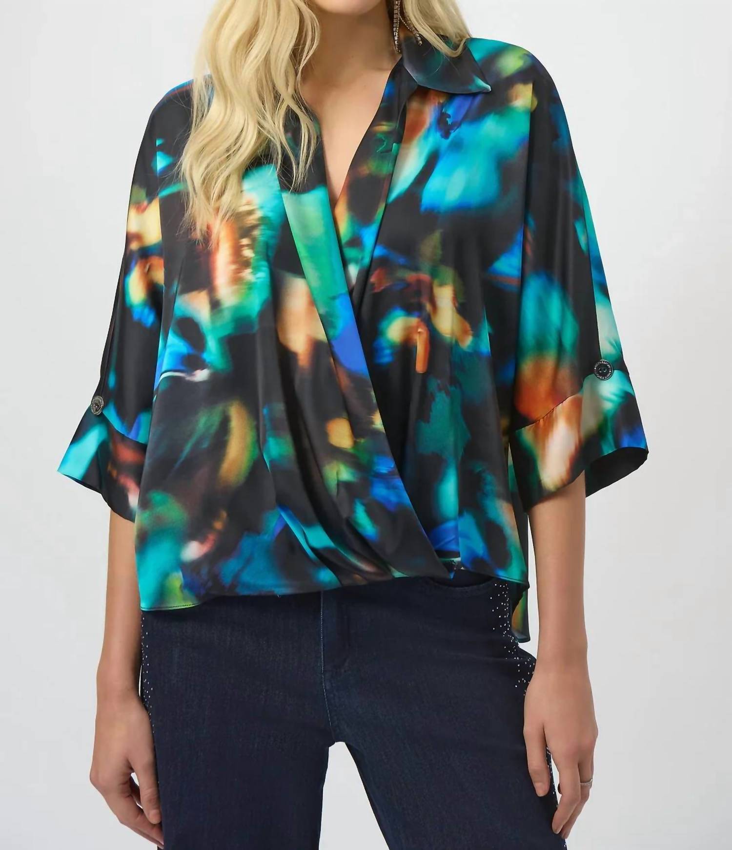 Joseph Ribkoff - Abstract Print V-neck Satin Top