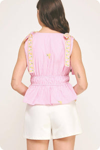 Strut & Bolt Lemon Embroidery Bow Strap Top in pink stripe - women's blouse - view 4