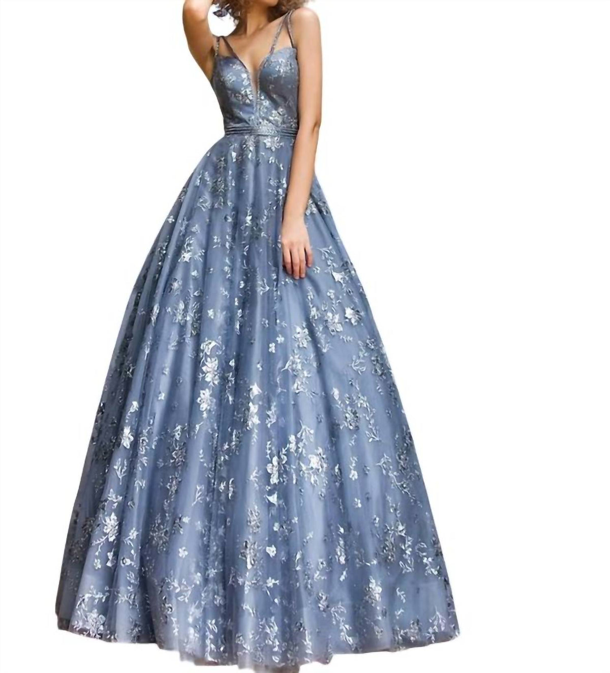 Jovani - Plunging Neckline Embellished Prom Ballgown