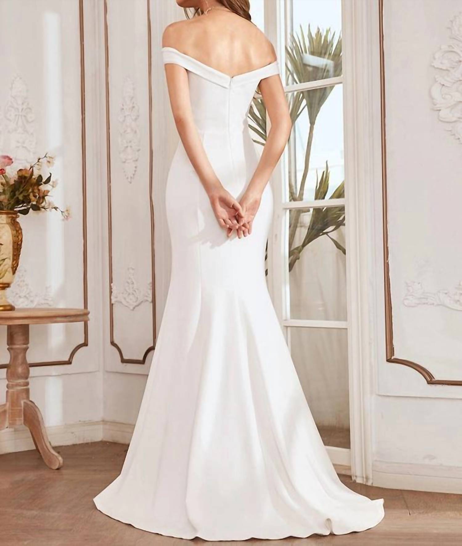 Ever-Pretty - Plain Solid Color Off Shoulder Mermaid Wedding Dress