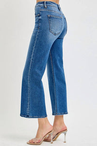 Risen - Tummy Control Elastic Band Mid-rise Crop Wide Leg Jeans