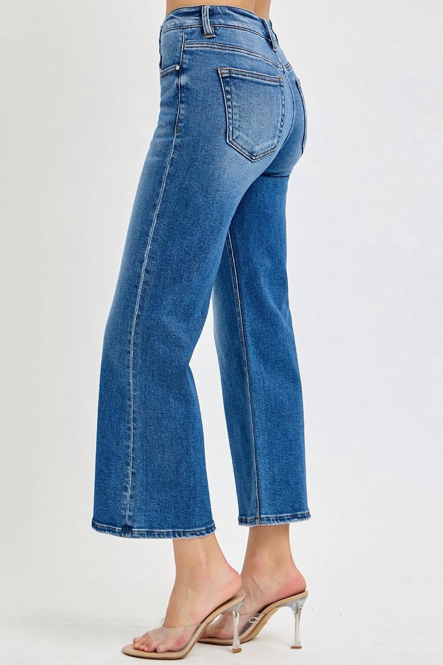 Risen - Tummy Control Elastic Band Mid-rise Crop Wide Leg Jeans
