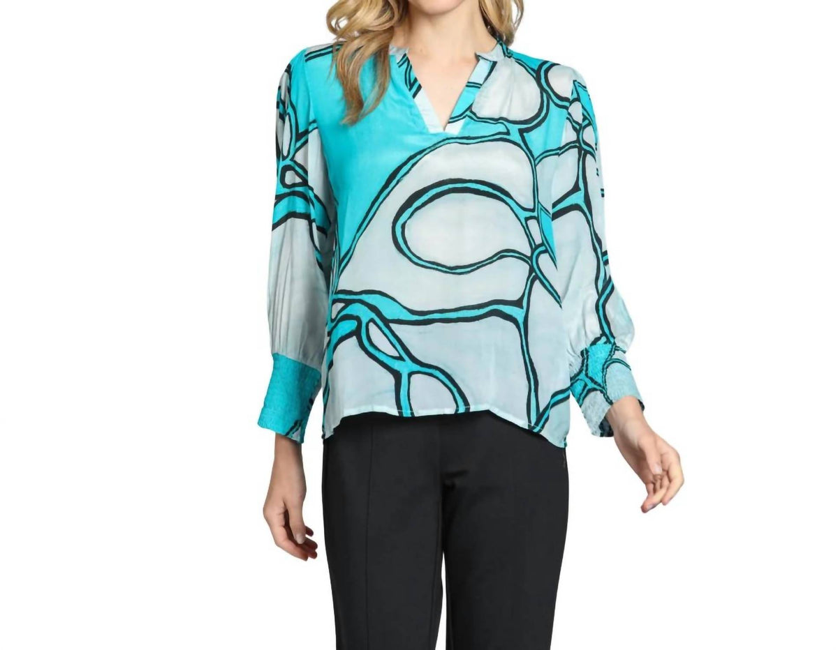 Apny - Split Neck Top With Smocked Cuffs