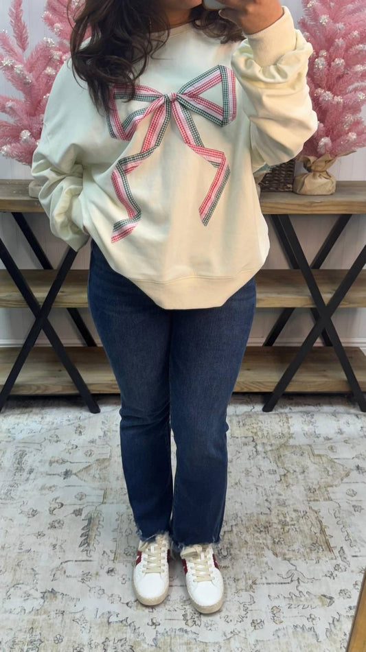 Peach Love - Gingham Christmas Bow Lightweight Oversized Sweatshirt Top