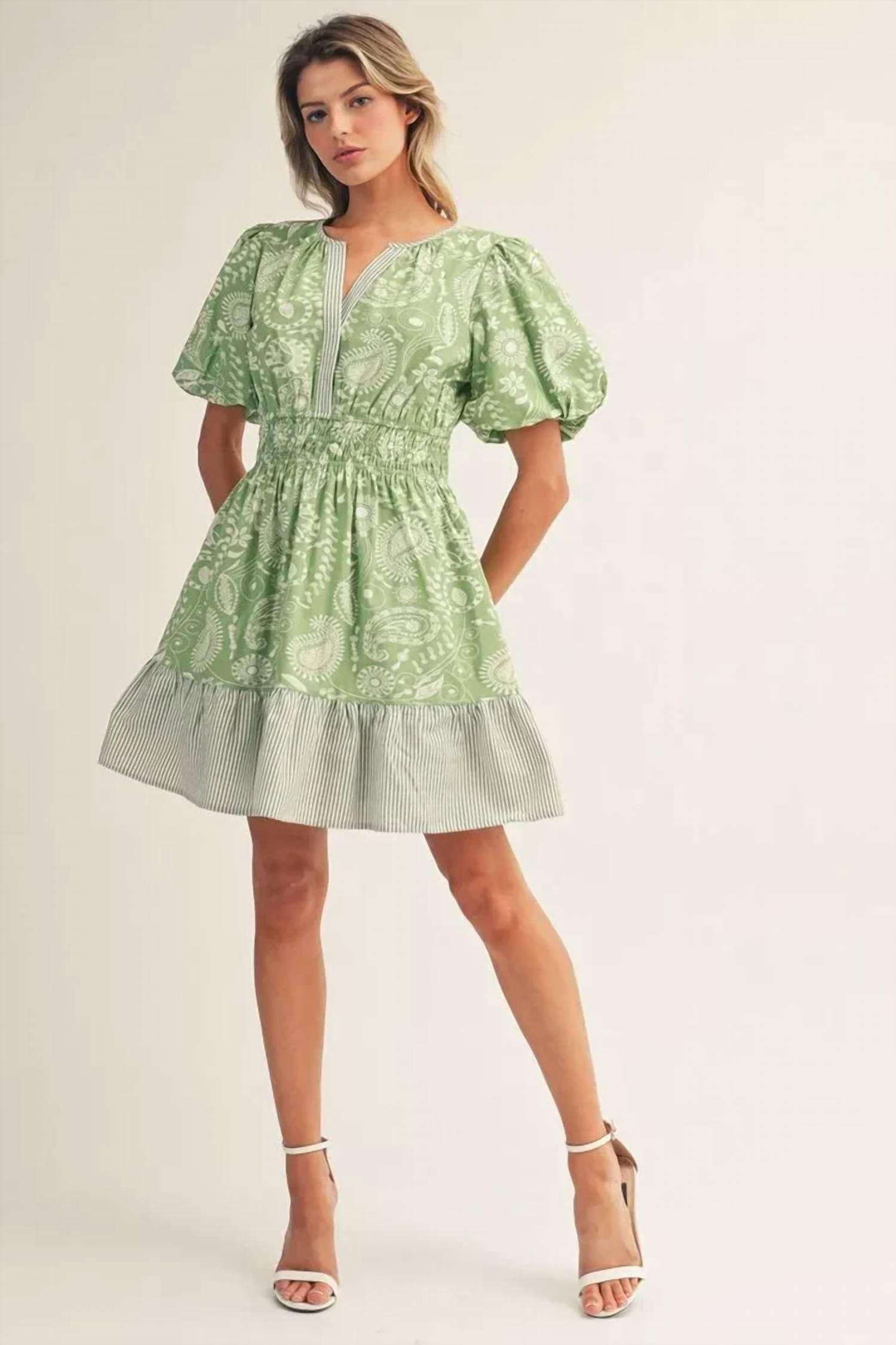 Jodifl - Paisley Pattern Short Puff Sleeve Dress