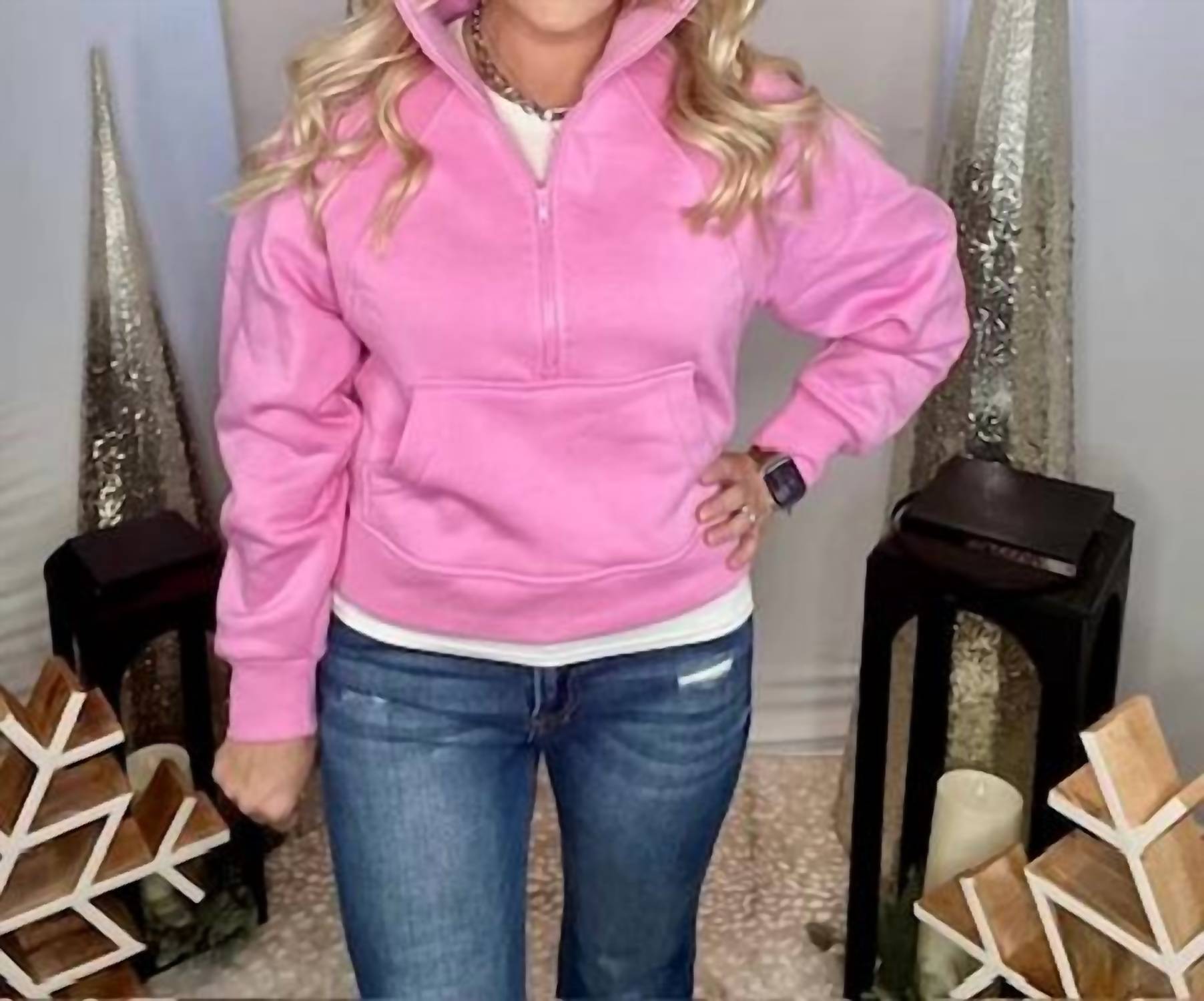 Zenana - Fleece Half Zip Kangaroo Pocket Sweatshirt