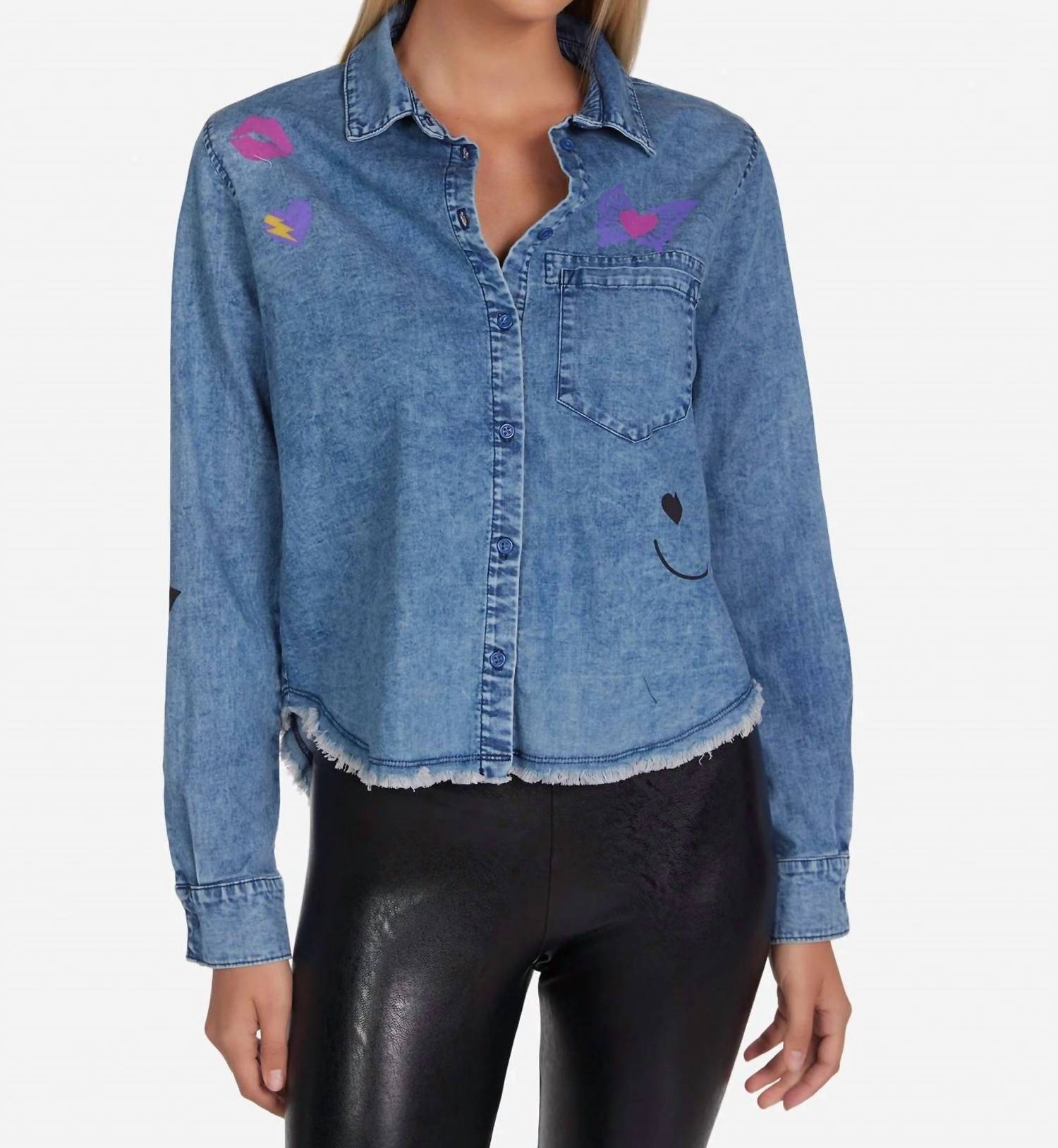 Lauren Moshi Saba Love Collage Button Down Top in denim - women's blouse