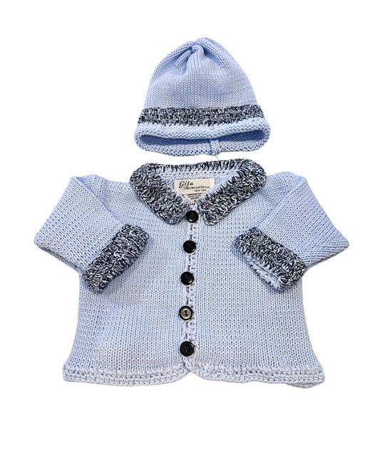Gita - Boy's 2pc Light Blue Cotton Sweater With Navy Tweed Trim & Hat