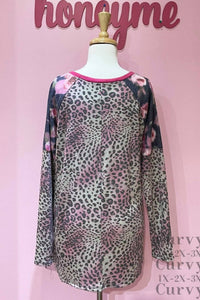 Leopard Bodice And Floral Sleeve Plus Top