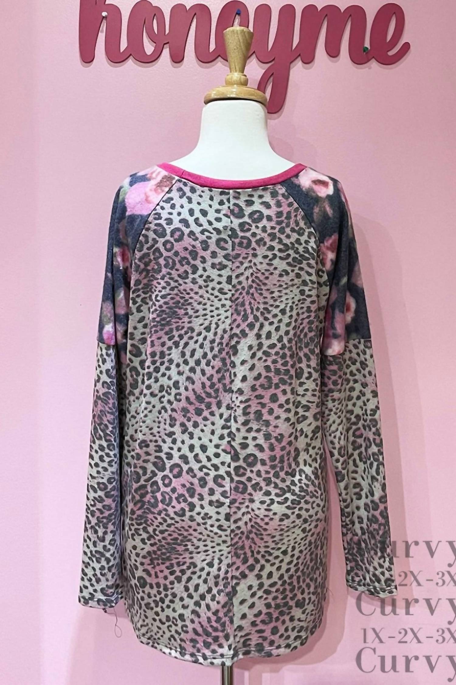 Leopard Bodice And Floral Sleeve Plus Top