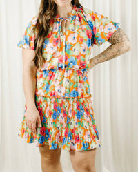 entro Sketched Floral Flutter Dress in orange multi - women's dress